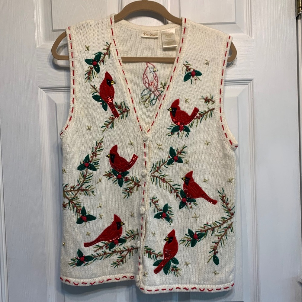 Bobbie Brooks Sweater Vest Medium Cardinal Bird Sequin Beaded Christmas Grandma